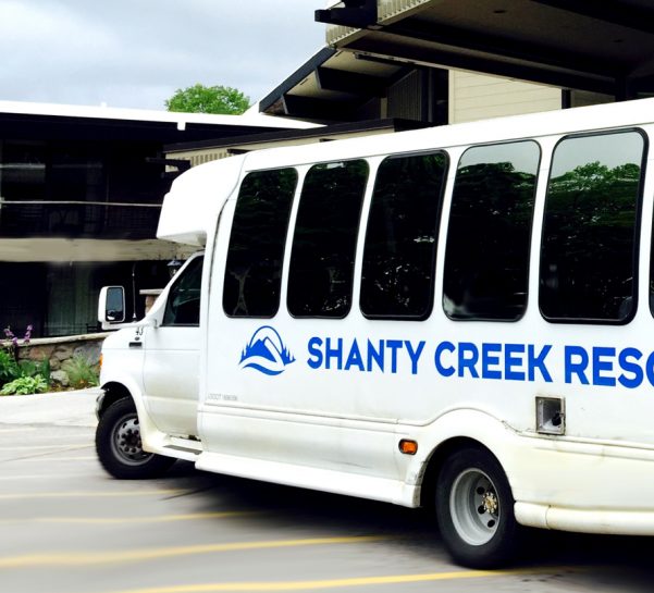 Shuttle in front of the Lakeview Hotel