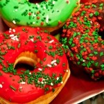 donuts with red and green holiday decorations