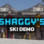 Shaggy's Ski Demo Header with skiers browsing equipment at a Shaggy's covered tent