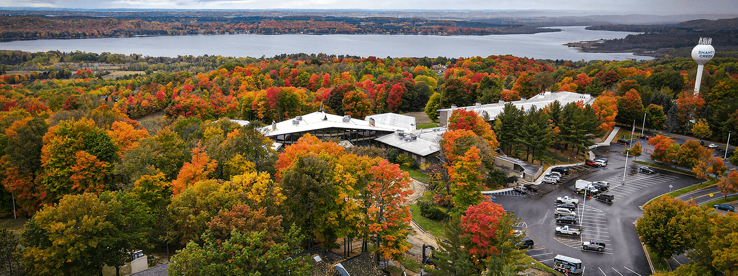 Aerial view of The Lakeview Hotel during the Fall