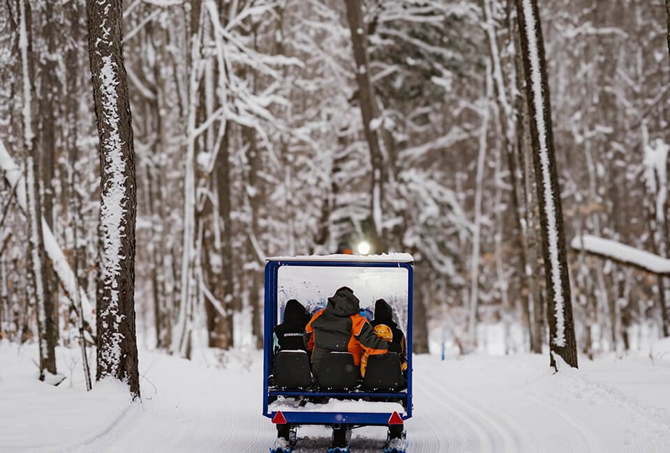 Looking at the Snow Glide from behind driving through the snowy forest.