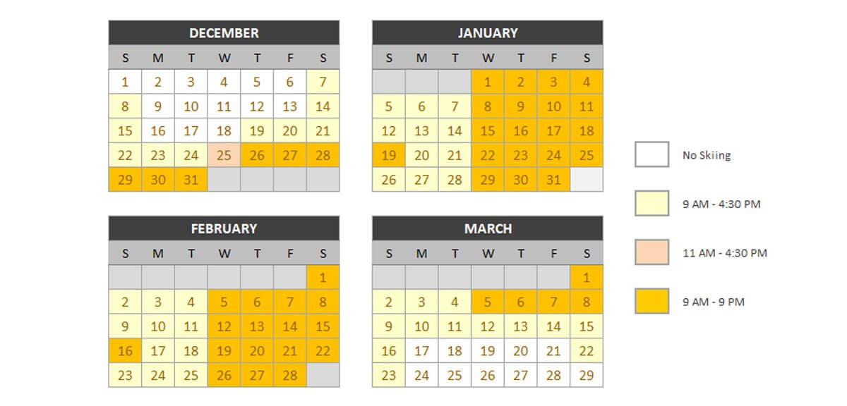 Schuss Mountain Hours of Operation for 202-2025 - Calendar View