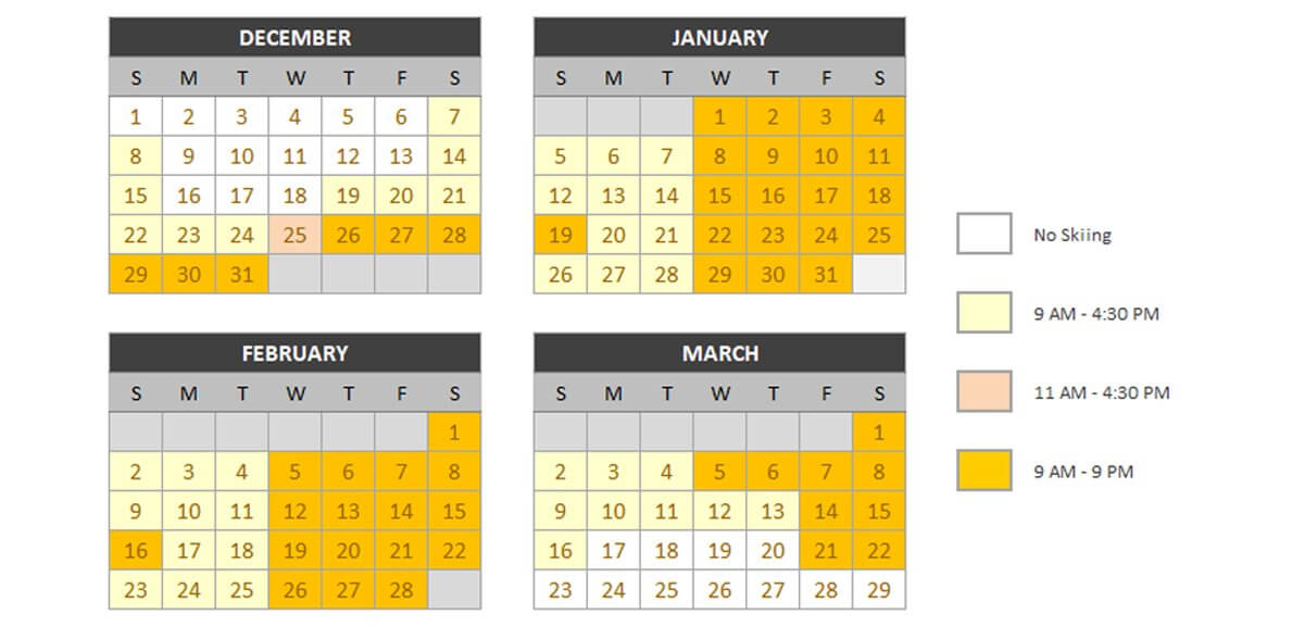 Schuss Mountain Hours of Operation for 2024-2025 - Calendar View